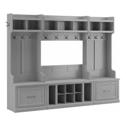 Bush Furniture Woodland Full Entryway Storage Set with Coat Rack and Shoe Bench with Drawers, Cape Cod Gray (WDL014CG)