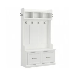 Bush Furniture Woodland 40W Hall Tree and Shoe Storage Bench with Doors, White Ash (WDL001WAS)