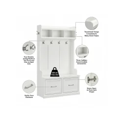 Bush Furniture Woodland 40W Hall Tree and Shoe Storage Bench with Doors, White Ash (WDL001WAS)