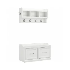 Bush Furniture Woodland 40W Shoe Storage Bench with Doors and Wall Mounted Coat Rack, White Ash (WDL003WAS)