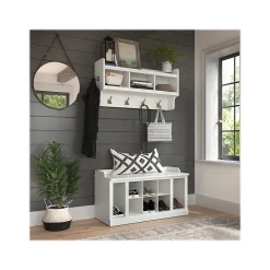 Bush Furniture Woodland 40W Shoe Storage Bench with Shelves and Wall Mounted Coat Rack, White Ash (WDL004WAS)