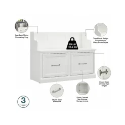 Bush Furniture Woodland 40W Entryway Bench with Doors and Wall Mounted Coat Rack, White Ash (WDL009WAS)