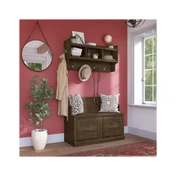 Bush Furniture Woodland 40W Entryway Bench with Doors and Wall Mounted Coat Rack, Ash Brown (WDL009ABR)