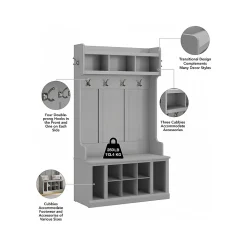 Bush Furniture Woodland 40W Hall Tree and Shoe Storage Bench with Shelves, Cape Cod Gray (WDL002CG)