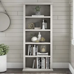 Bush Furniture Yorktown 67"H 5-Shelf Bookcase with Adjustable Shelves, Linen White Oak Laminated Wood (WC40466-03)