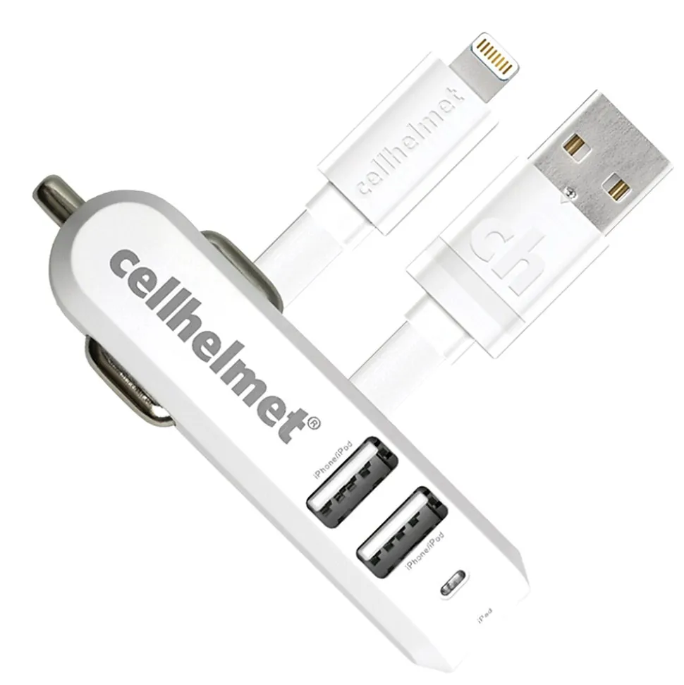 cellhelmet 4.8-Amp 3-Port USB Car Charger with USB-A to Lightning Flat Cable, 3 Feet (CAR-4.8/3-B+F-LIGHT-3-W)
