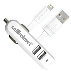 cellhelmet 4.8-Amp 3-Port USB Car Charger with USB-A to Lightning Flat Cable, 3 Feet (CAR-4.8/3-B+F-LIGHT-3-W)