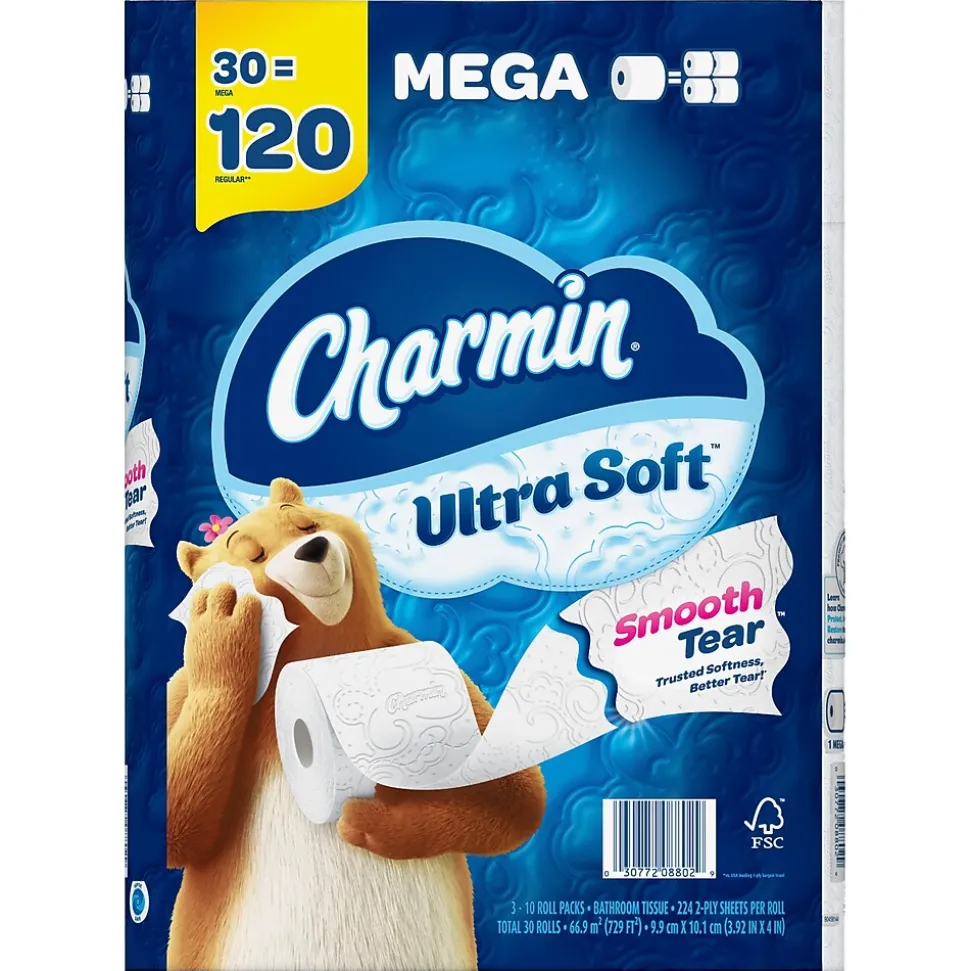 Charmin Ultra Soft Mega Toilet Paper, 2-Ply, White, 224 Sheets/Roll, 30 Rolls/Pack (01537)