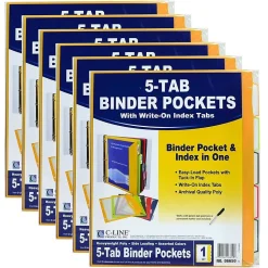C-Line Heavyweight Poly Binder Pocket with Write-On Tabs, Assorted Colors, 5/Pack, 6 Packs (CLI06650-6)