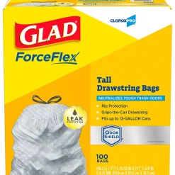 CloroxPro Glad ForceFlex 13 Gallon Tall Kitchen Trash Bag, 23.75" x 24.88", Low Density, .72 mil, Gray, 100/Box (70427)