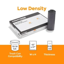Coastwide Professional™ 50-56 Gallon Trash Bag, 43" x 47", Low Density, 0.95 mil, Gray, 100 Bags/Box (CW50715)