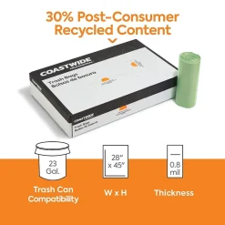 Coastwide Professional™ 23 Gallon Trash Bag with 30% PCR, 28" x 45", Low Density, 0.8 mil, Green, 250 Bags/Box (CW62411)