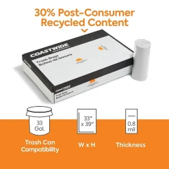 Coastwide Professional™ 33 Gallon Trash Bag with 30% PCR, 33" x 39", Low Density, 0.8 mil, Clear, 200 Bags/Box (CW62420)