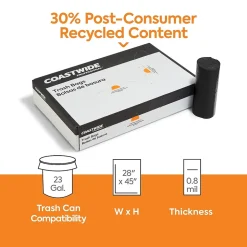 Coastwide Professional™ 23 Gallon Trash Bag with 30% PCR, 28" x 45", Low Density, 0.8 mil, Black, 250 Bags/Box (CW62422)
