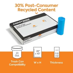 Coastwide Professional™ 23 Gallon Trash Bag with 30% PCR, 28" x 45", Low Density, 0.8 mil, Blue, 250 Bags/Box (CW62424)