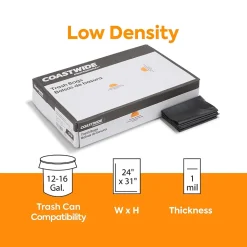 Coastwide Professional™ 12-16 Gallon Trash Bag, 24" x 31", Low Density, 1 mil, Black, 250 Bags/Box (CW21760)