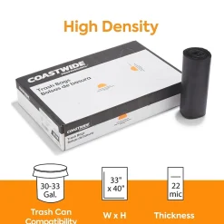 Coastwide Professional™ 30-33 Gallon Trash Bag, 33" x 40", High Density, 22 mic, Black, 200 Bags/Box (CW17969)