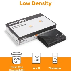 Coastwide Professional™ 55-60 Gallon Trash Bag, 38" x 58", Low Density, 0.95 mil, Black, 100 Bags/Box (CW18188)