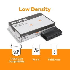 Coastwide Professional™ 30-33 Gallon Trash Bag, 33" x 39", Low Density, 1.35 mil, Black, 150 Bags/Box (CW18206)