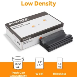 Coastwide Professional™ 50-56 Gallon Trash Bag, 43" x 47", Low Density, 1.8 mil, Black, 100 Bags/Box (CW18209)