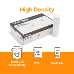 Coastwide Professional™ 55-60 Gallon Trash Bag, 38" x 60", High Density, 16 mic, Natural, 200 Bags/Box (CW18202)