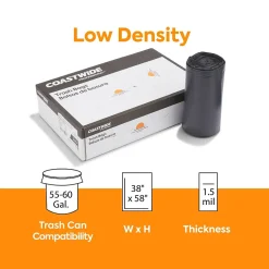Coastwide Professional™ 55-60 Gallon Trash Bag, 38" x 58", Low Density, 1.5 mil, Clear, 100 Bags/Box (CW57404)