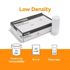 Coastwide Professional™ AccuFit 32 Gallon Trash Bag, 33" x 44", Low Density, 1.1 mil, Clear, 200 Bags/Box (CW22750)