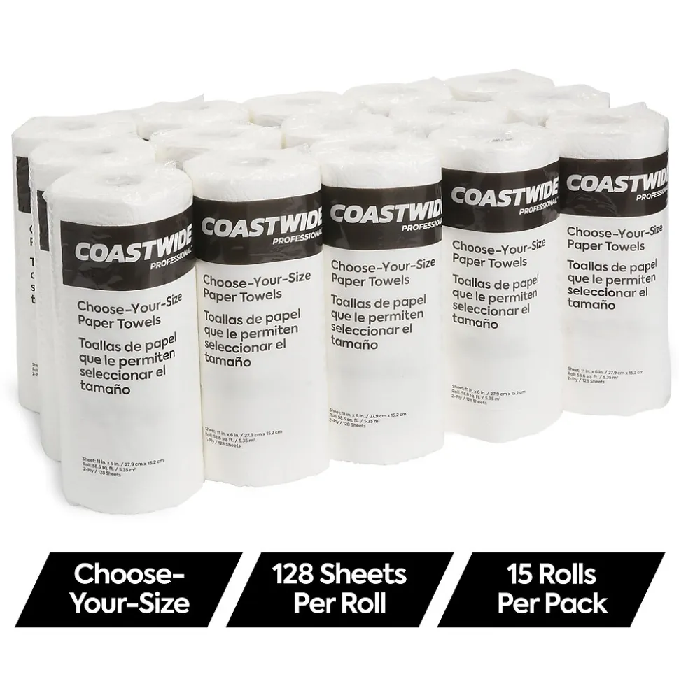 Coastwide Professional Choose-Your-Size Kitchen Rolls Paper Towel, 2-Ply, White, 128 Sheets/Roll, 15 Rolls/Carton (CW21809)