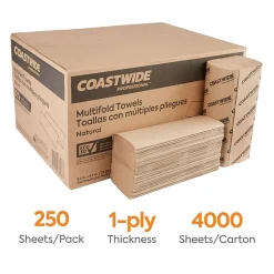 Coastwide Professional™ Recycled Multifold Paper Towels, 1-ply, 250 Sheets/Pack, 16 Packs/Carton (CW25228)