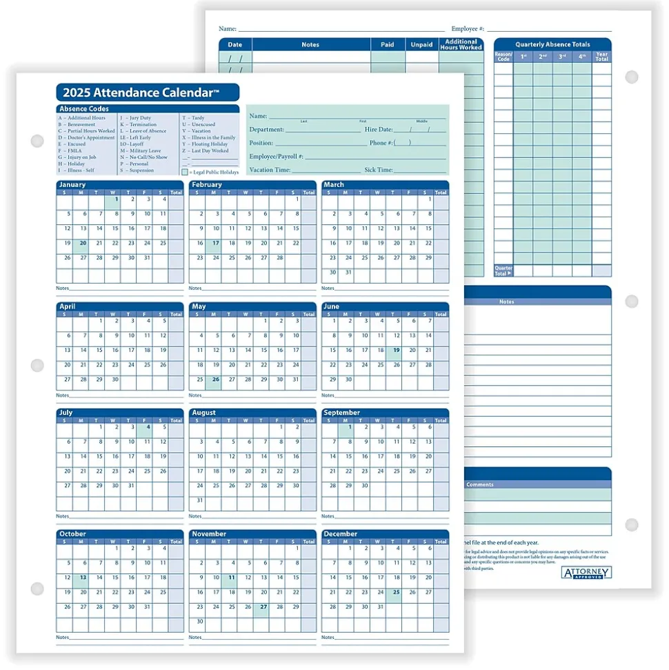 ComplyRight 2025 Attendance Calendar Set, 200 Forms/Pack (A1411W16PK200)