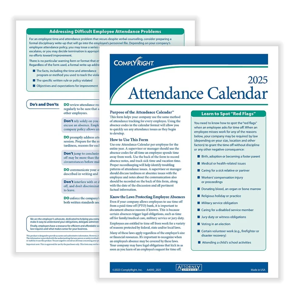 ComplyRight 2025 Attendance Calendar Set, 200 Forms/Pack (A1411W16PK200)