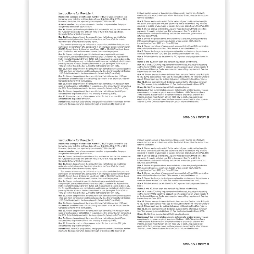 ComplyRight 2024 1099-DIV Tax Form, 1-Part, 2-Up, Recipient Copy B, 50/Pack (513150)