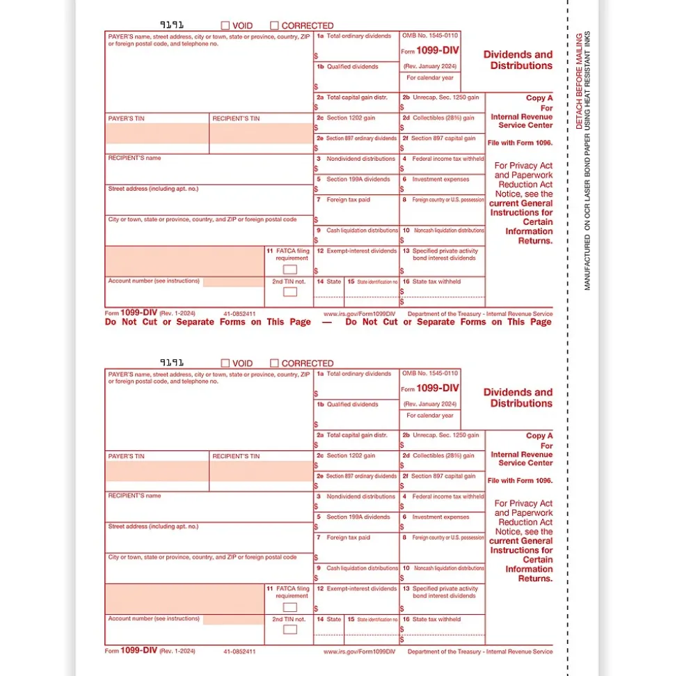 ComplyRight 2024 1099-DIV Tax Form, 1-Part, 2-Up, Federal Copy A, 50/Pack (513050)