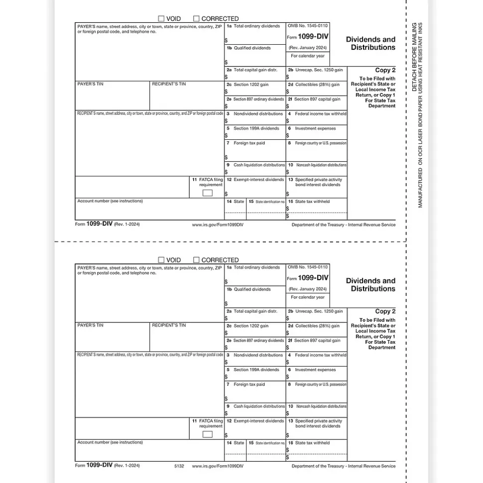 ComplyRight 2024 1099-DIV Tax Form, 1-Part, 2-Up, Payer Copy C, 50/Pack (513250)