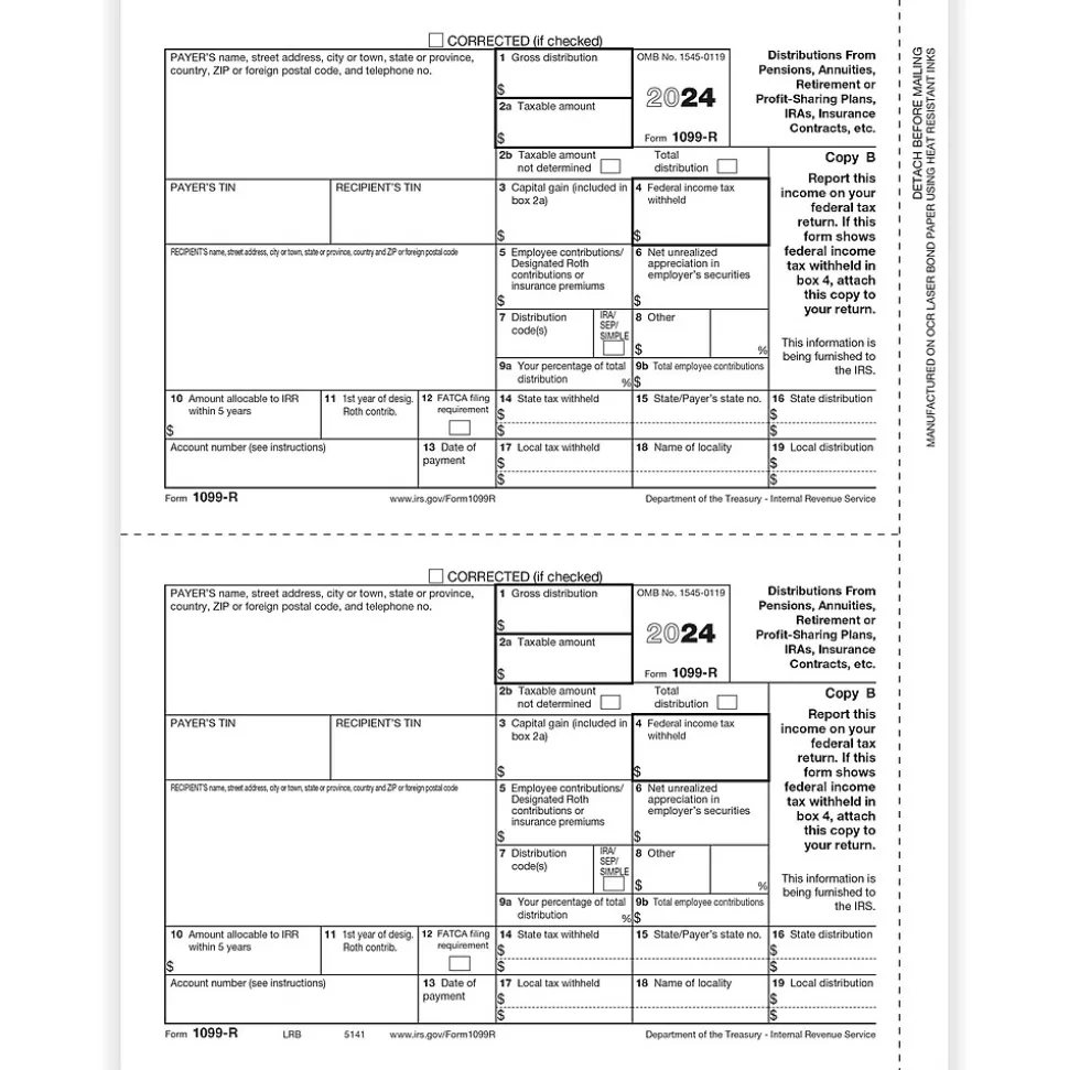 ComplyRight 2024 1099-R Tax Form, 1-Part, 2-Up, Recipient Copy B, 50/Pack (514150)