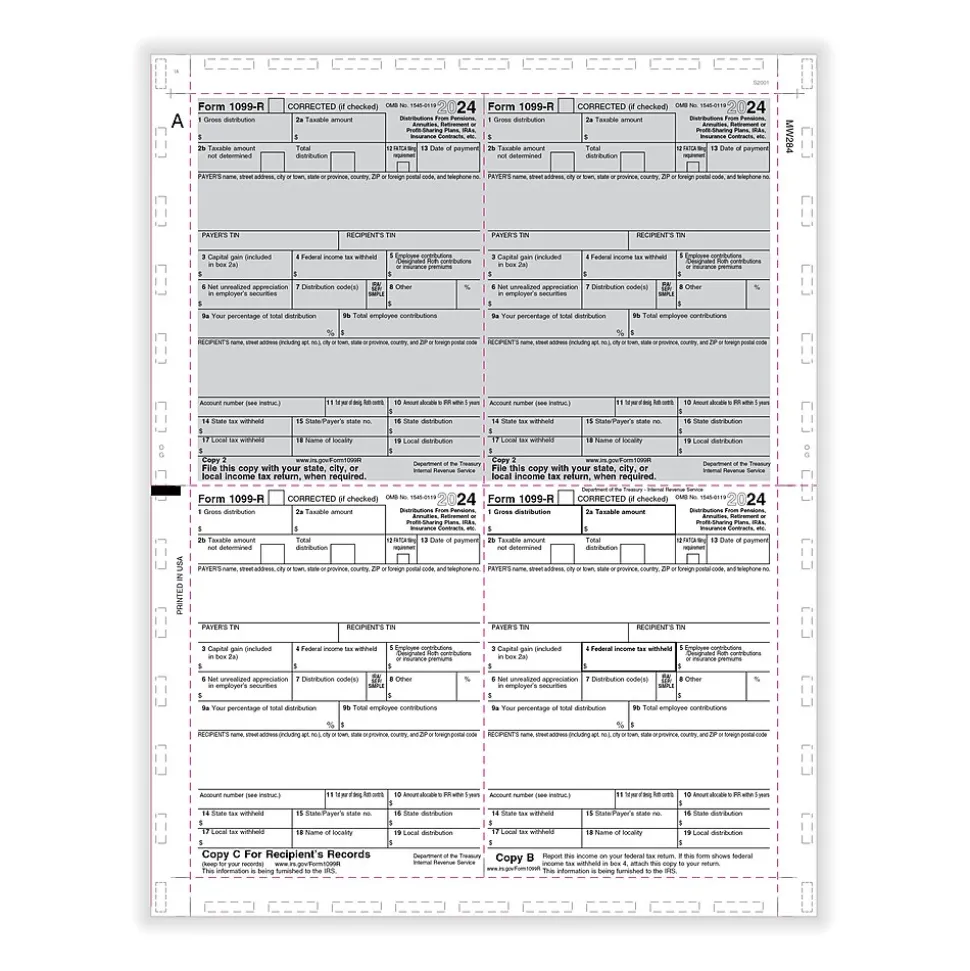 ComplyRight 2024 1099-R Tax Form, 1-Part, 4-Up, Copy B, C, 2, 2, 500/Pack (PS284)