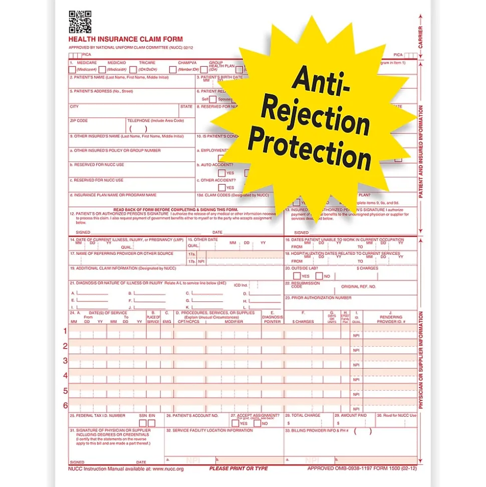 ComplyRight CMS-1500 Health Insurance Claim Forms (02/12), 8-1/2" x 11", Box of 2,500 (CMS12LC)