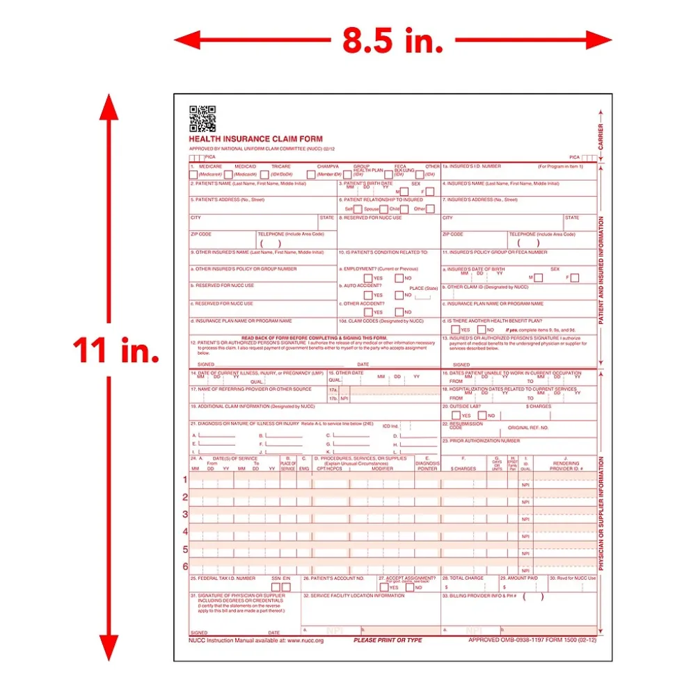 ComplyRight CMS-1500 Health Insurance Claim Forms (02/12), 8-1/2" x 11", Box of 2,500 (CMS12LC)