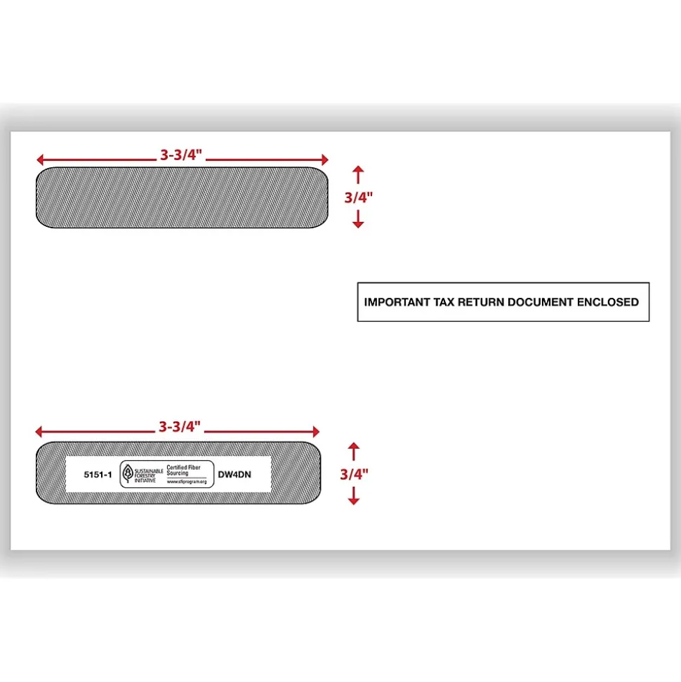 ComplyRight Double Window Envelope for W-2 (5218) Tax Form, 5.63" x 9", White/Black, 100/Pack (51511)