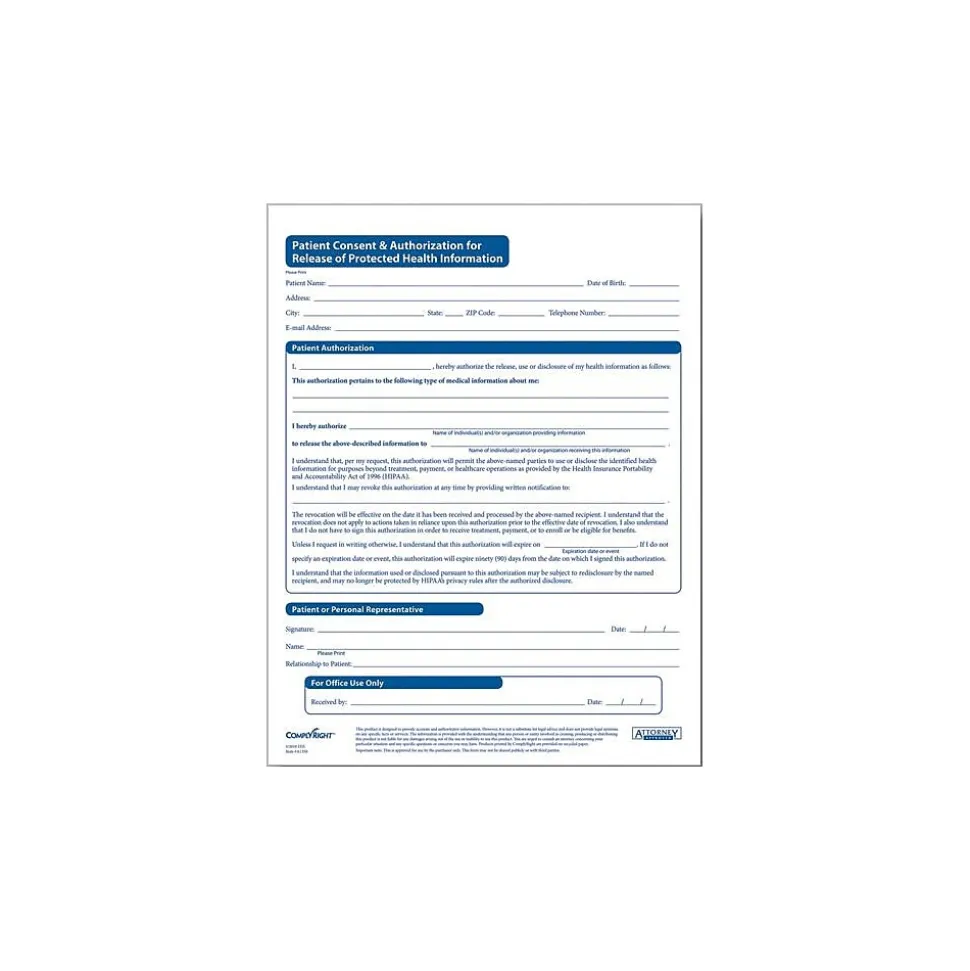 ComplyRight HIPAA Patient Consent and Authorization Form (A1350)