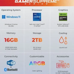 CyberPowerPC Gamer Supreme Gaming Desktop Computer, Intel Core i7-14700F, 16GB Memory, 2TB SSD (SLC10000CPGV16)