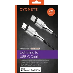Cygnett Armored Lightning to USB-C Charge and Sync Cable, 6', Black (CY2801PCCCL)