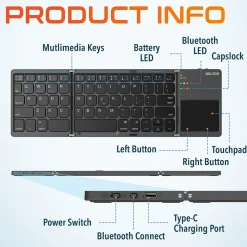 Delton F75 Small Wireless Foldable Portable Keyboard and Touchpad, Black (DKBF75)