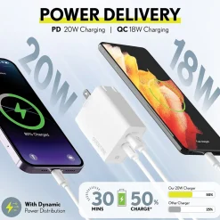 Delton Overtime Charger USB-A/USB-C Wall Charger for Multiple Brands, White (DH2USB2A)