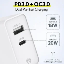 Delton Overtime Charger USB-A/USB-C Wall Charger for Multiple Brands, White (DH2USB2A)