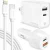Delton Overtime USB-C/USB Wall & Car Chargers with Apple MFi Certified Cable for iPhone/iPad, White (CE14542A)
