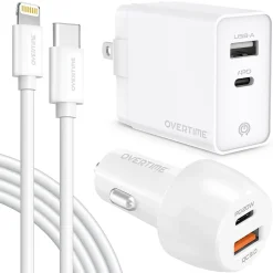 Delton Overtime USB-C/USB Wall & Car Chargers with Apple MFi Certified Cable for iPhone/iPad, White (CE14542A)