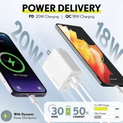 Delton Overtime USB-C/USB Wall Charger and Car Charger with Certified USB-C Cable for iPhone 15/Android, White (DAC3IN12USBRG)