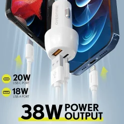 Delton Overtime USB-C/USB Wall & Car Chargers with Apple MFi Certified Lightning Cables for iPhone/iPad, White (DAC3IN12USBSL)