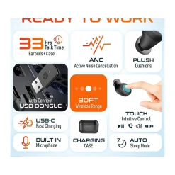 Delton T150 Wireless Active Noise-Canceling Bluetooth Stereo Earbuds with Auto-Pairing USB Dongle, Black (DBHT150)